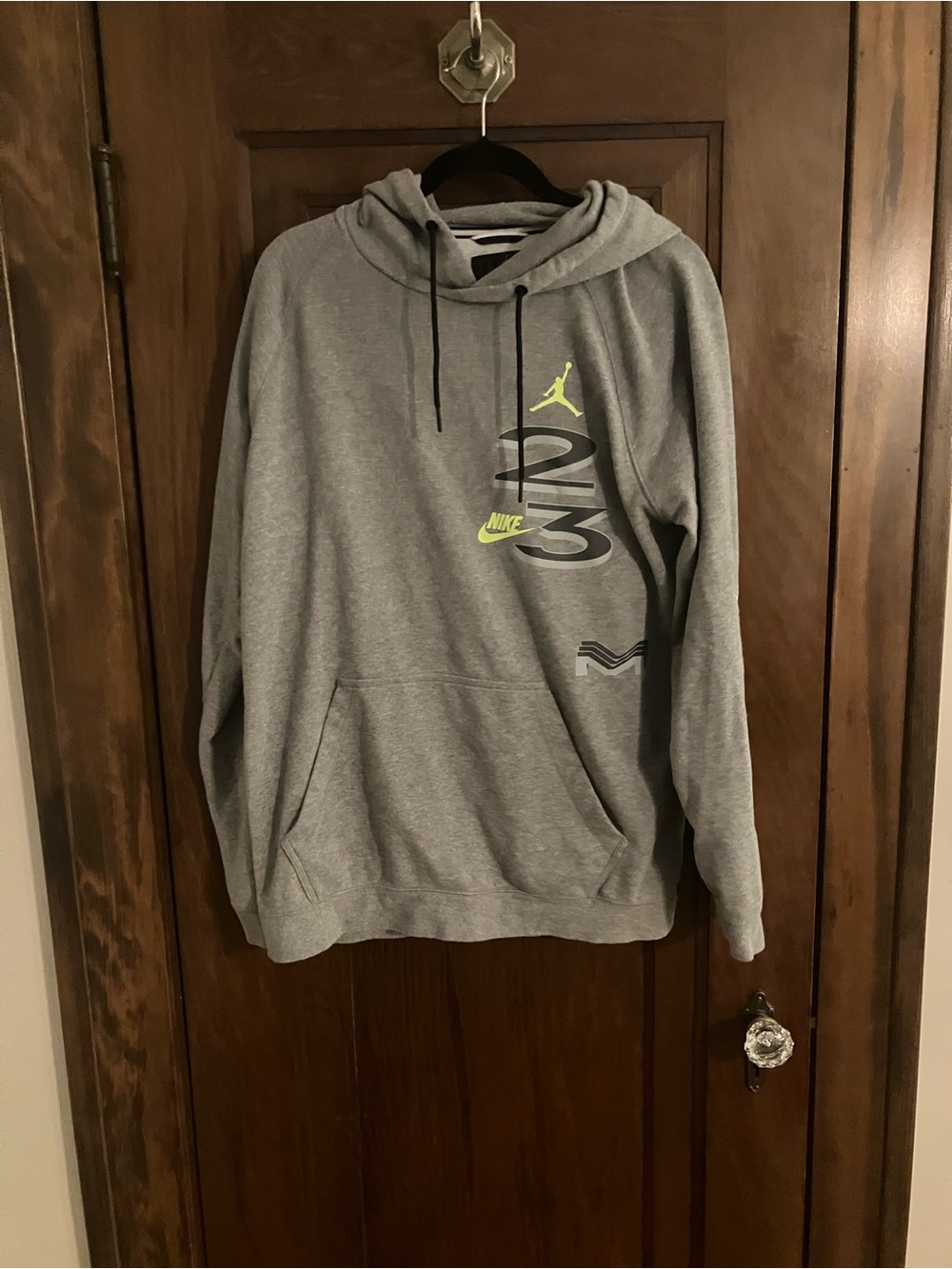 Nike Gray Hoodie with Neon Yellow-Green Jordan Logo